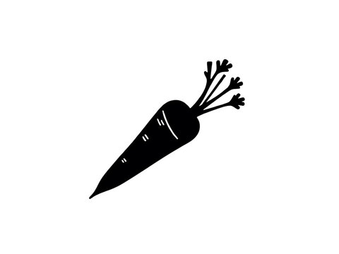 A whimsical hand-drawn carrot, a vibrant symbol of healthy eating and garden freshness, in bold black silhouette against a stark white background.