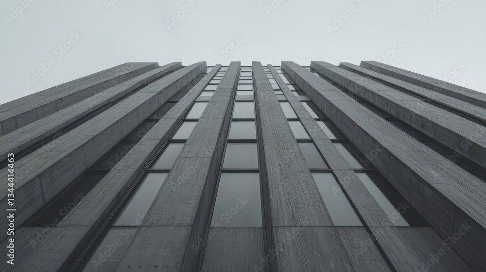 Aufkleber gray concrete skyscraper with vertical lines and rectangular windows under a cloudy sky