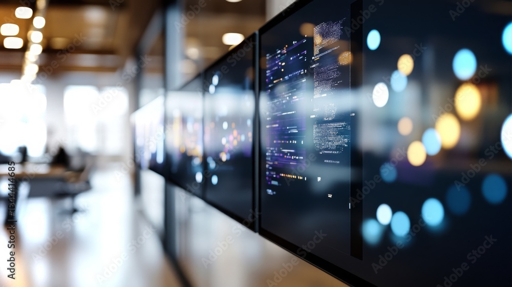 Aufkleber high-tech office environment showcasing digital coding on large screens in vibrant, modern workspace