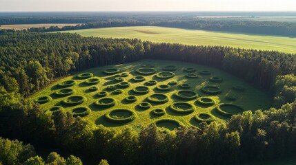 Mysterious earthworks forming circles latvia aerial photography natural landscape bird's eye view ancient history