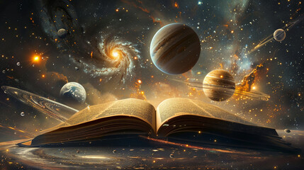 A magical book floating in space, surrounded by glowing celestial bodies and stars.