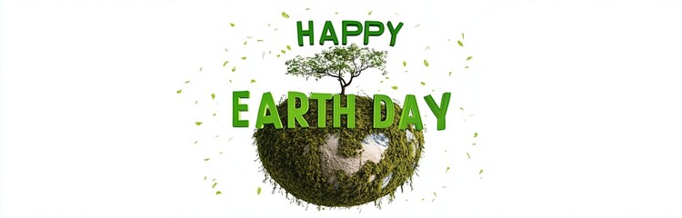 Vibrant Earth Day graphic with 3D green text “HAPPY EARTH DAY,” featuring a moss-covered globe topped with a tree. Floating green leaves around enhance the eco-friendly theme
