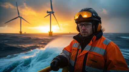 Worker observing offshore wind turbines during a dramatic sunset across turbulent waters in a coastal environment