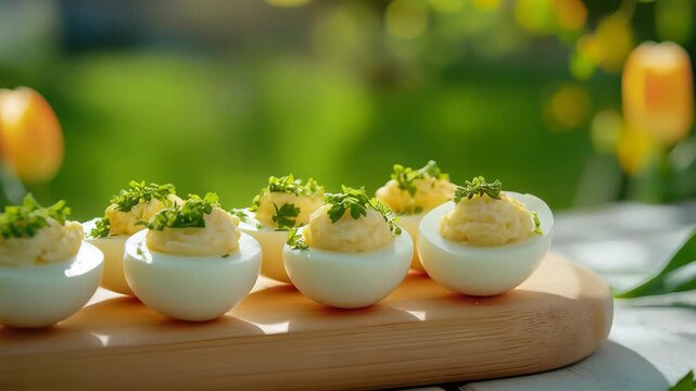 Deviled eggs on wooden board A tasty spring picnic appetizer garnished with fresh herbs and bright flowers