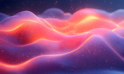 Obraz premium Abstract wavy landscape with glowing particles, vibrant pink and orange hues. Dynamic, flowing digital art