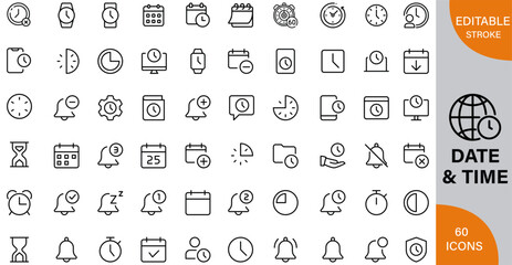 Date, Time, alarm, calendar, o'clock, notifications, watch icon pack | Detailed Outline | Editable Stoke 60 icon | Victor illustrator. 