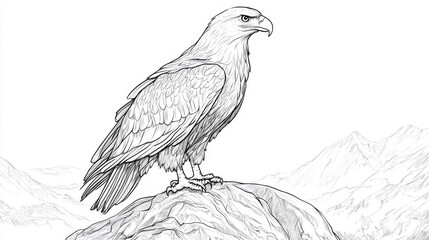 Majestic eagle perched on rocky summit wilderness setting line art illustration nature detailed perspective