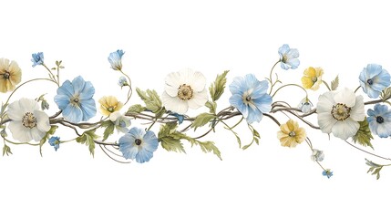 Floral watercolor blue, white & yellow flowers with vines, leaves on white backdrop