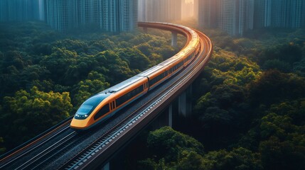 Modern high speed train driving on a bridge through a green forest at sunset