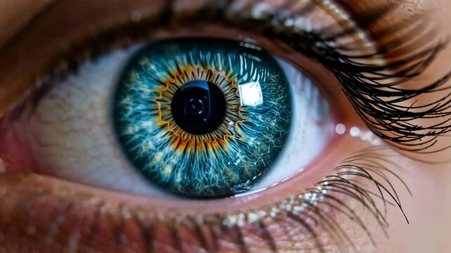 Close-up shot of a vibrant, intricate eye showcasing unique color patterns and textures, emphasizing beauty and detail.