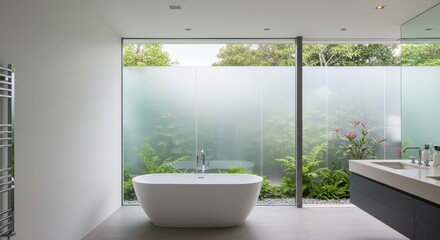Fototapeta premium Modern Bathroom with Bathtub and Garden View Offering Relaxing Atmosphere