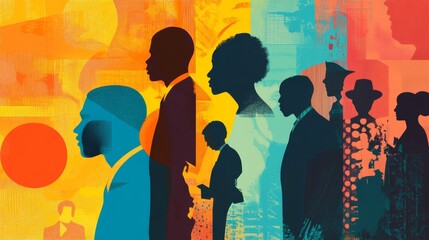 Cultural gathering of diverse silhouettes urban environment digital artwork vibrant colors artistic perspective