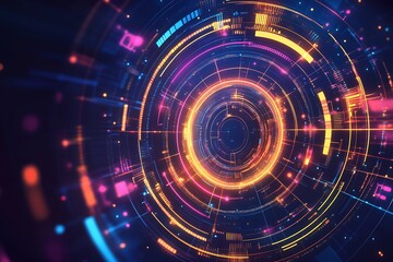 Obraz premium Abstract futuristic technology background with glowing circles and holographic elements. Abstract digital space design for presentation, business, or science concept.