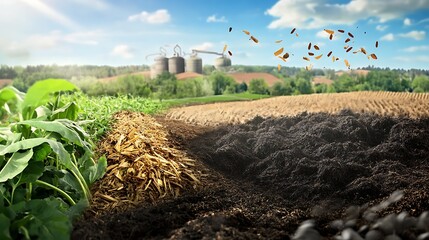 Depiction of biochar production with agricultural waste converted into a soil enhancing material improving crop yield and carbon storage