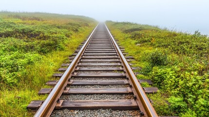 Obraz premium Misty Railroad Tracks Vanishing into the Fog: A Journey into the Unknown