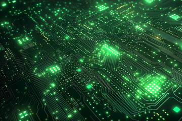 Obraz premium Illuminated green circuit board with integrated electronic components present