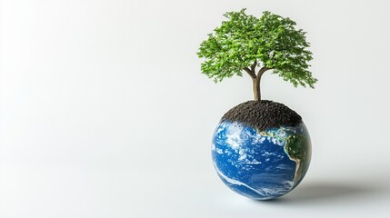 Globe with a portion covered in dark soil, supporting a lush green tree. The composition symbolizes environmental sustainability and the interdependence of nature and the planet.