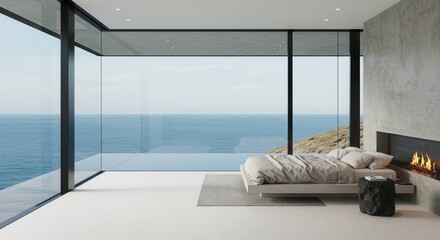 Modern Ocean View Bedroom with Fireplace and Minimalist Design