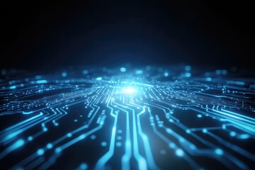 intricate blend of neon blue circuits interwoven with digital patterns set against jet-black background for futuristic