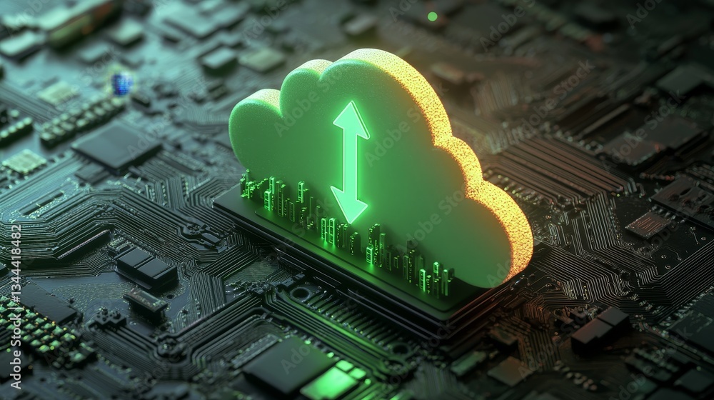 Poster the concept of green data storage technology is visually represented by a neon-lit cloud symbol on a