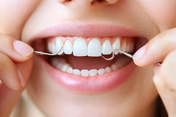 Fototapeta premium Maintaining a bright smile, highlighting dental hygiene with interdental brush