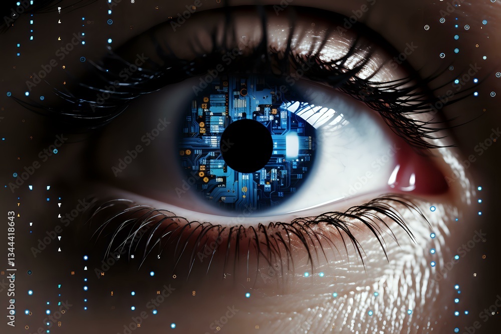 Aufkleber close-up of human eye with digital circuit pattern in blue iris, symbolizing artificial intelligence