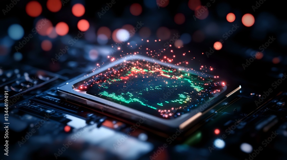 Aufkleber glowing microchip on circuit board with red and blue bokeh lights, macro photography showing electro