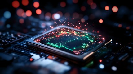 Fototapeta premium Glowing microchip on circuit board with red and blue bokeh lights, macro photography showing electronic components and digital technology innovation.