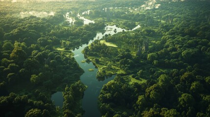 Aerial view of serene river landscape lush green forest nature photography tranquil environment capturing serenity