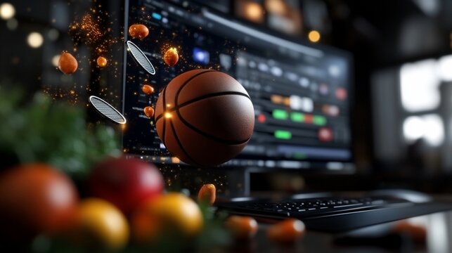 Basketball betting data visualization with a floating ball and a digital interface