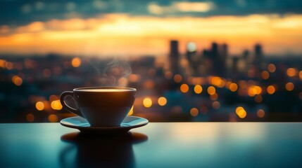 Luxurious caf&eacute; table with a porcelain cup of artisanal espresso, overlooking a vibrant city skyline at night, warm golden reflections, sophisticated urban ambiance