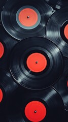 Close-Up of Vinyl Records with Bright Red Labels in a Pattern Layout