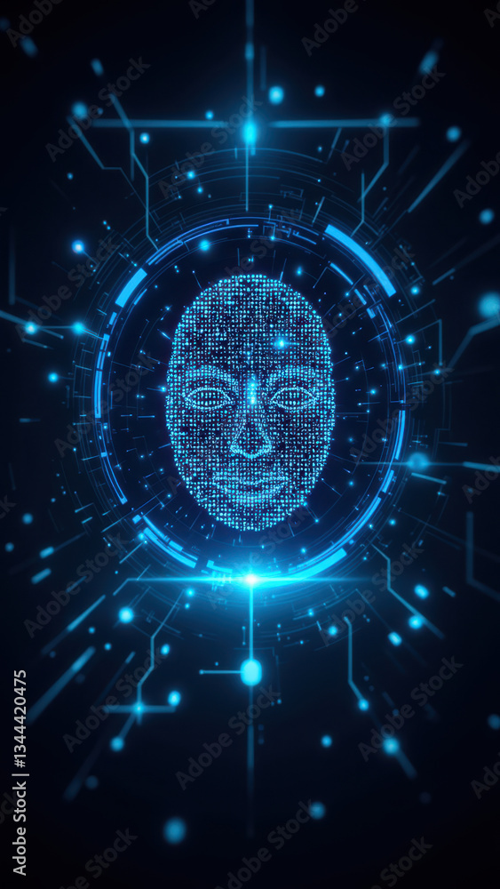 Poster cybersecurity concept with a blue glowing brain-like figure surrounded by digital circuits.
