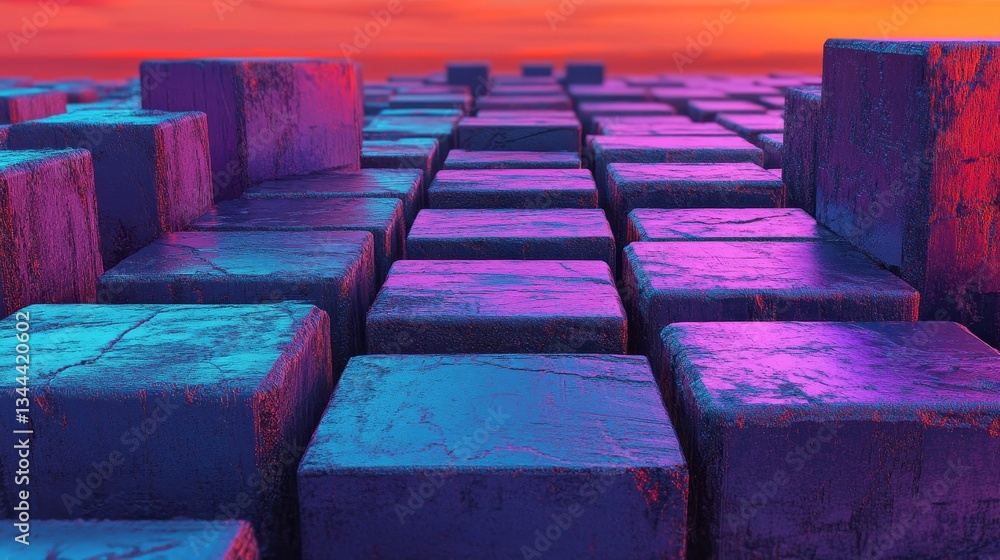 Poster a 3d rendered image of glossy blocks in violet and orange, forming a futuristic tech wallpaper with 