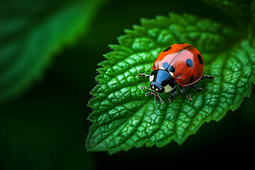 Ladybug perched on a vibrant green leaf against a dark, moody background