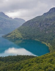 Serene Mountain Lake Panorama: A Breathtaking View of Turquoise Waters and Majestic Peaks
