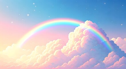 A peaceful pastel sky with a subtle holographic rainbow arching over fluffy clouds, glittering stars scattered through the sky, Ai Generated