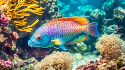 Naklejka premium Vibrant parrotfish swimming in colorful coral reef underwater scene marine environment close-up perspective