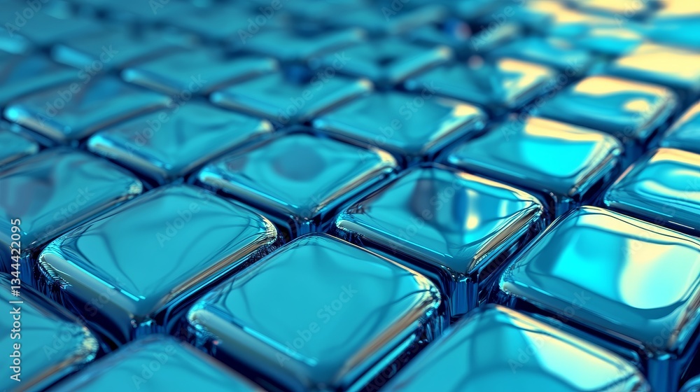 Poster innovative technology is showcased through translucent shapes on a blue surface in this 3d rendered 