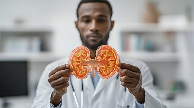 African doctor holding a transparent kidney model in medical office. Healthcare and nephrology concept for kidney disease awareness, prevention and treatment. National Kidney Month promotion - Powered by Adobe