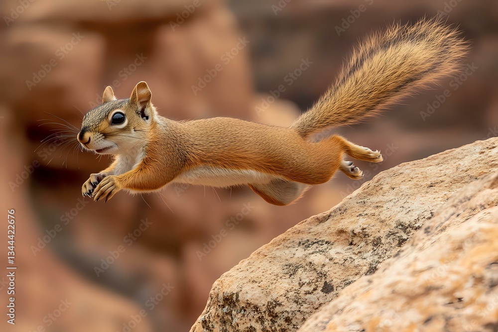 Poster red squirrel leaping between rocks in mid-air motion, displaying agile movement and fluffy tail agai