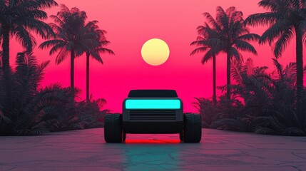 A futuristic vehicle is parked on a vibrant, tropical road with palm trees, set against a colorful sunset.