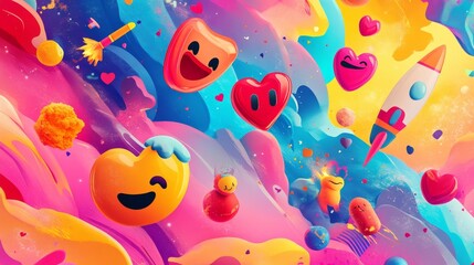 Fototapeta premium Joyful colorful hearts and emojis digital art vibrant environment abstract viewpoint celebrating emotions