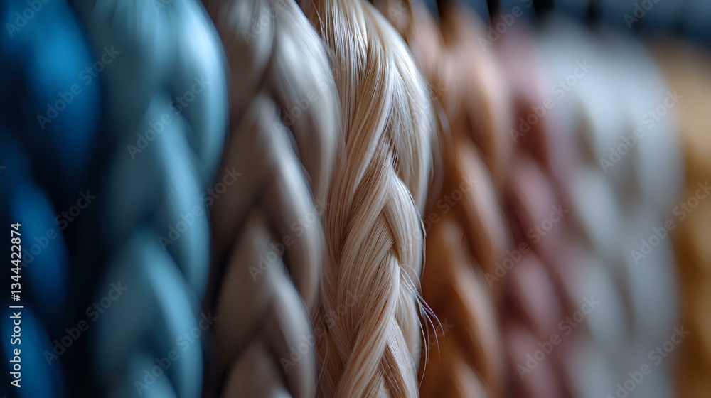 Aufkleber macro close-up of colorful braided ropes or cords in blue, white and brown tones showing detailed te