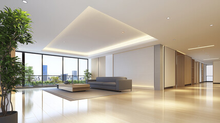 Fototapeta premium Minimalist living room with large windows, modern furniture, and natural light. serene space for relaxation and comfort