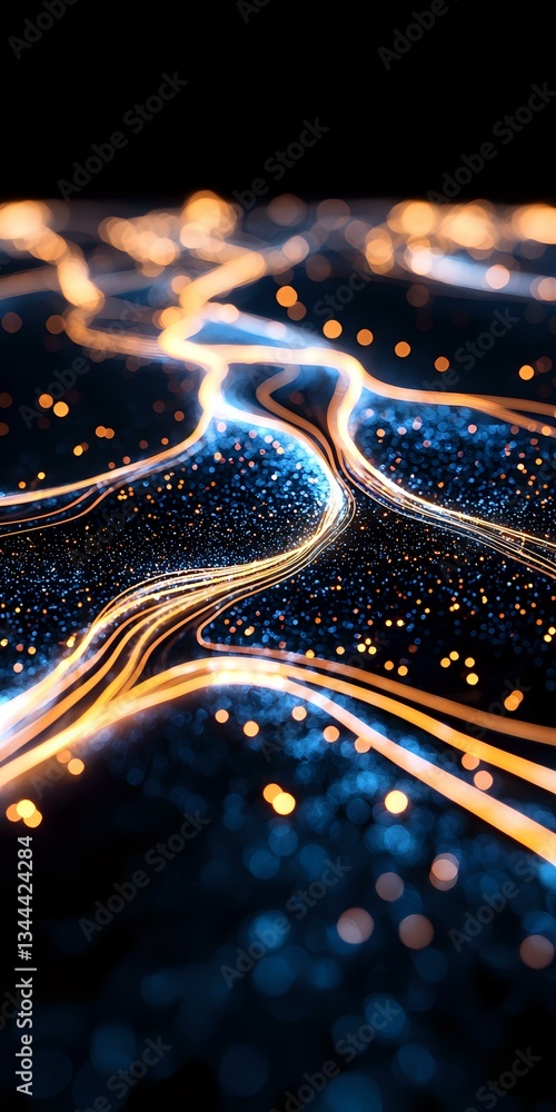Poster Abstract glowing light trails and bokeh effects create futuristic network visualization with orange and blue illuminated paths against dark background.