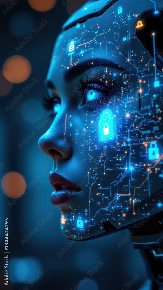 Poster this is an artistic rendering of a cybernetic humanoid face with glowing blue and white details, sym