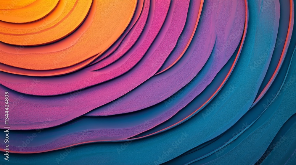 Poster the background features abstract lines formed by curves in shades of blue, turquoise, and orange, ge