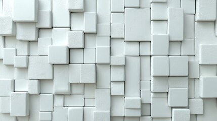 The image features a 3D Render of White, Square Mosaic Tiles arranged as a wall, in front of a background made of stacked Polished, Semigloss, Bricks