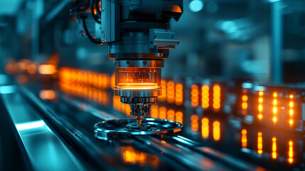 Illuminated Robotic Arm in Advanced Manufacturing Factory for Precision Automation and Smart Industrial Innovation